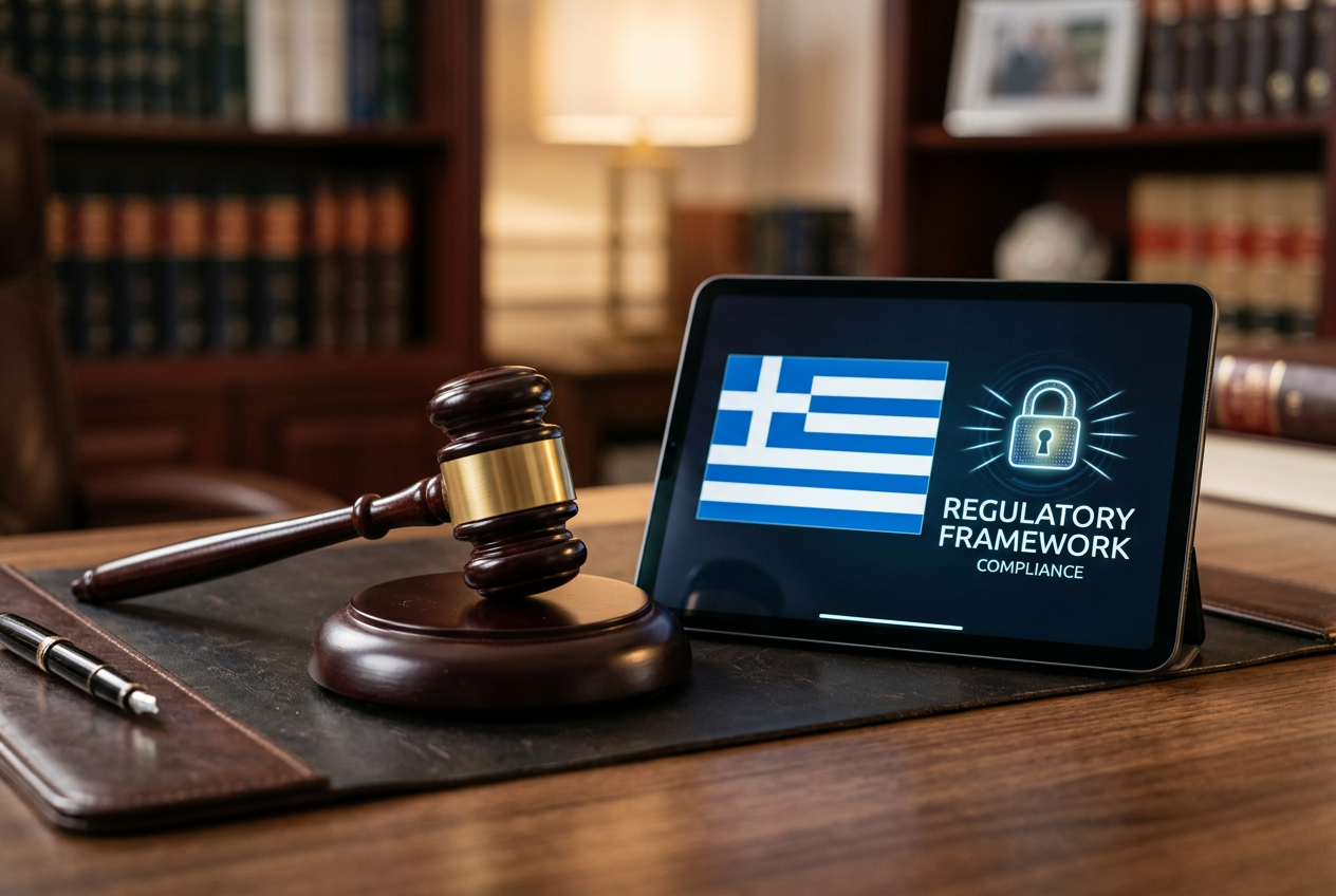 A legal gavel resting next to a digital tablet showing Greek regulatory symbols.