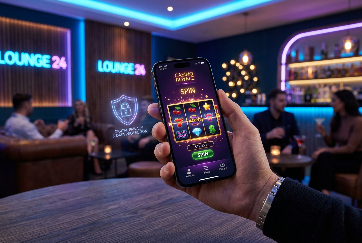 A premium smartphone displaying a vibrant casino interface with privacy icons.